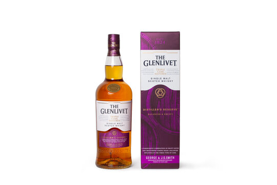 A bottle of the Glenlivet whisky and the box on a white background with copy space