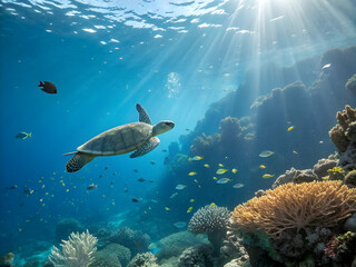 Fototapeta premium A peaceful underwater scene with light rays stream and underwater life || GRAPHIC RESOURCE/DESKTOP WALLPAPER