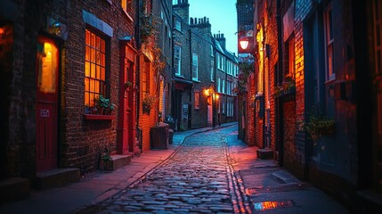 Fototapeta premium Illuminated Cobblestone Alleyway in a Historic City