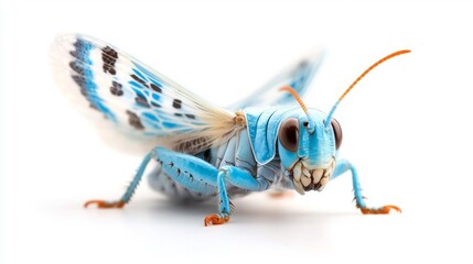 Fototapeta premium Vivid Blue Grasshopper Detailed Isolation on White. Generative AI
