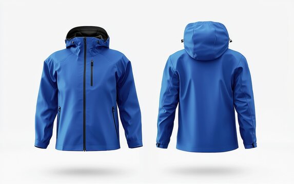 Fashionable cobalt blue waterproof winter shell mockup, front and back view, bright white background