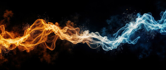 Abstract fiery and icy swirls intertwine, creating a dynamic visual of contrasting elements against a dark background.