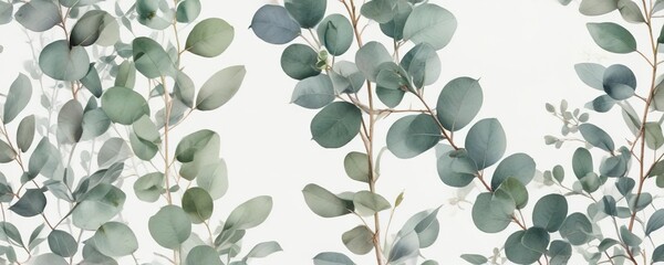 Elegant watercolor eucalyptus branches with muted colors on white background, soft tones, delicate
