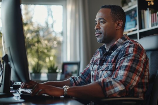 Business man having virtual team meeting on video conference call using computer. Social distance worker working from home office talking to diverse colleagues in remote videoconference online chat., 