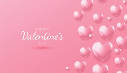 Happy Valentine's Day Banner. Romantic festive background with 3d pink glossy hearts and hand lettering. Valentines Day holiday greetings