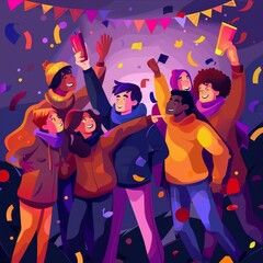 A group of diverse friends celebrate with confetti and party poppers.