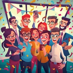 Fototapeta premium A group of diverse office workers celebrating a party with confetti, drinks, and taking selfies together.