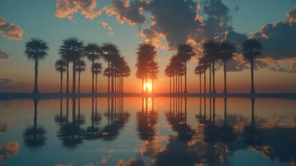 Obraz premium Stunning Tropical Beach at Sunset with Swaying Palm Trees and Vibrant Caribbean Ocean. Golden Light, Long Shadows, and Serene Island Landscape Perfect for Travel and Relaxation Concepts.