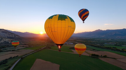 Fototapeta premium Colorful hot air balloons flying over fields at sunset, creating stunning view