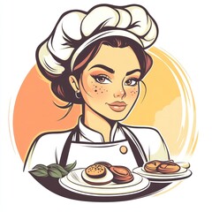 Woman chef presents plates with food in kitchen; advertising, culinary illustrations