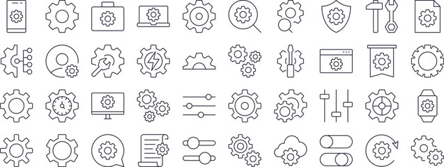 Cogwheel and Gear Thin Icons Collection. Editable Stroke. Perfect for Web Sites, Books, Cards, Apps