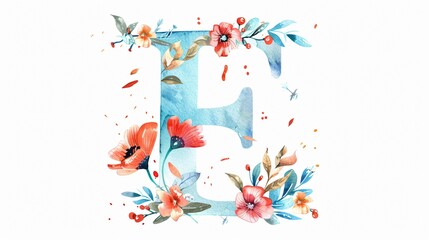 Elegant Floral Monogram Letter E with Watercolor Wild Flowers