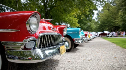 Gordijnen Classic vintage cars lined up at car show, showcasing vibrant colors and chrome details © siraphol