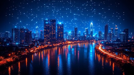 Naklejka premium A breathtaking night view of a modern city skyline illuminated with vibrant lights, symbolizing connectivity and technology advancements