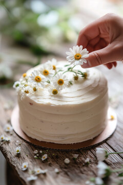 Handmade cream bento cake with fresh flowers on textured wooden background, eco dessert