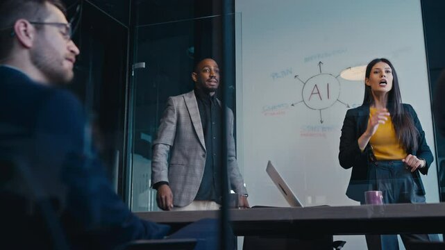 Professional team in a modern office discussing artificial intelligence strategies during a meeting. Concept of teamwork, innovation, and AI development in a corporate setting