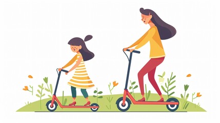 Active Family Fun: Mother and Daughter Riding Kick Scooters Together