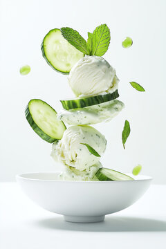 Levitation composition of fresh mint leaves, cucumber, ice cream and yogurt on white plate. Flying elements on white background. Eco product. Suitable for restaurant and coffee shop menu design