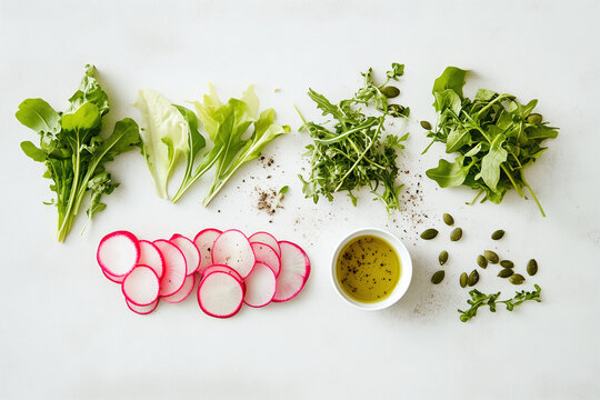 Fresh salad ingredients including arugula, lettuce, sliced radish, pumpkin seeds, and olive oil arranged on a white background. Healthy, organic food concept for clean eating and nutrition.