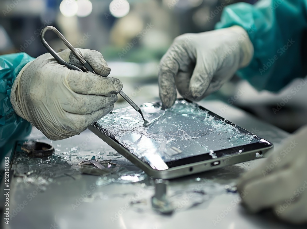 Poster a technician or engineer is opening a broken smartphone on a desk to repair it or replace a part.