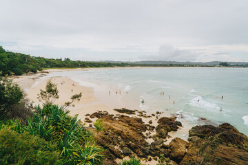 Wide shot of clarkes beach and the pass in Byron Bay, NSW, Australia