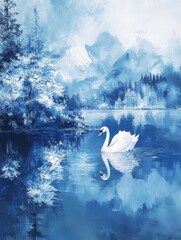 A serene white swan gliding gracefully across a tranquil lake surrounded by snow-covered mountains and lush trees, reflecting the beauty of nature in a peaceful winter landscape