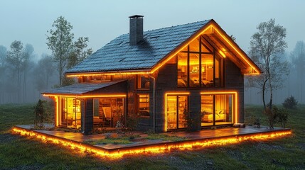 Fototapeta premium A beautifully illuminated modern house nestled in a misty forest, showcasing natural elements and cozy ambiance