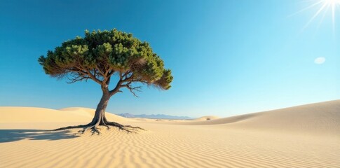 Fototapeta premium A lone tree stands resilient against the vast expanse of a sun-drenched desert, its roots firmly anchored in the golden sand, a testament to nature's enduring strength under a brilliant blue sky.