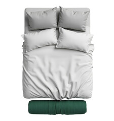 Top view of bed with four pillows and rolled green blanket