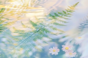 Fern and Daisies in Sunlight: An ethereal and dreamy image, where a delicate fern frond and two dainty daisies bloom against a soft, light background. The warm sunlight filters through the scene.