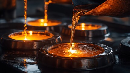 Obraz premium Molten gold pouring into molds, industrial process, metalwork, liquid, manufacturing, metallurgy, refining, production, craft, skilled, foundry, heat