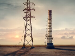 Electricity pylon and industrial chimney at sunset.
