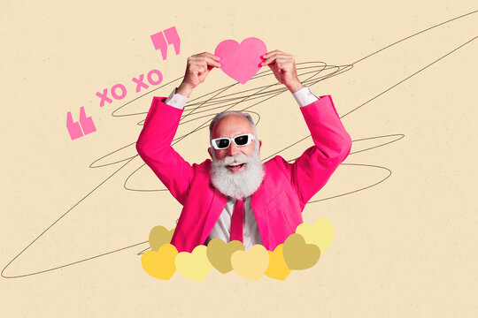 Composite photo collage of happy old man wear pink formal suit xo heart shape postcard valentine celebration isolated on painted background