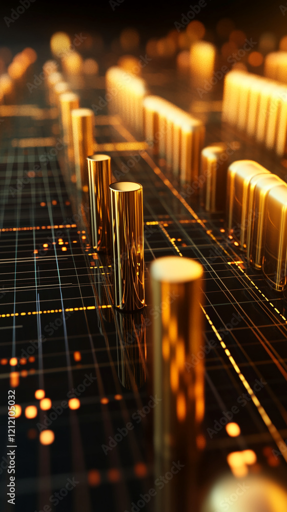 Aufkleber golden data visualization with cylindrical bars and illuminated grid background