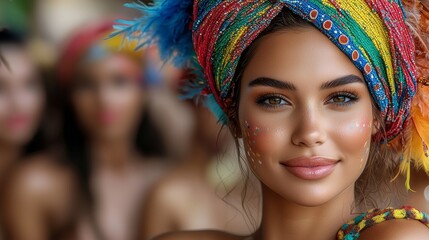 Vibrant and Colorful Woman at Carnival Celebrations Wearing a Festive Headband and Dress that Embodies Joy and Community Spirit
