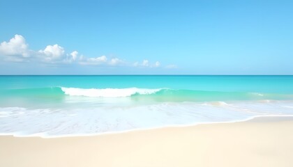 Idyllic tropical beach scene featuring turquoise waters, gentle waves and soft white sand under a clear blue sky