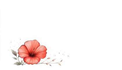 Vibrant red hibiscus flower illustration with delicate leaves and subtle background details