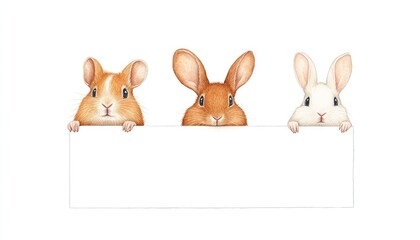 Three adorable rabbits of different colors peeking over a blank sign in a whimsical setting