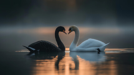Heart shape of swans in the lake