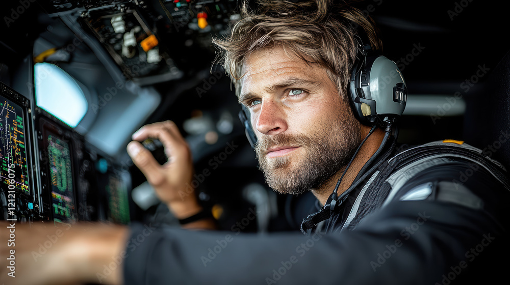 Aufkleber pilot adjusting flight instruments with deep concentration