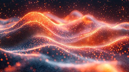 Abstract digital landscape with glowing waves and shimmering particles creating a mesmerizing visual experience at night