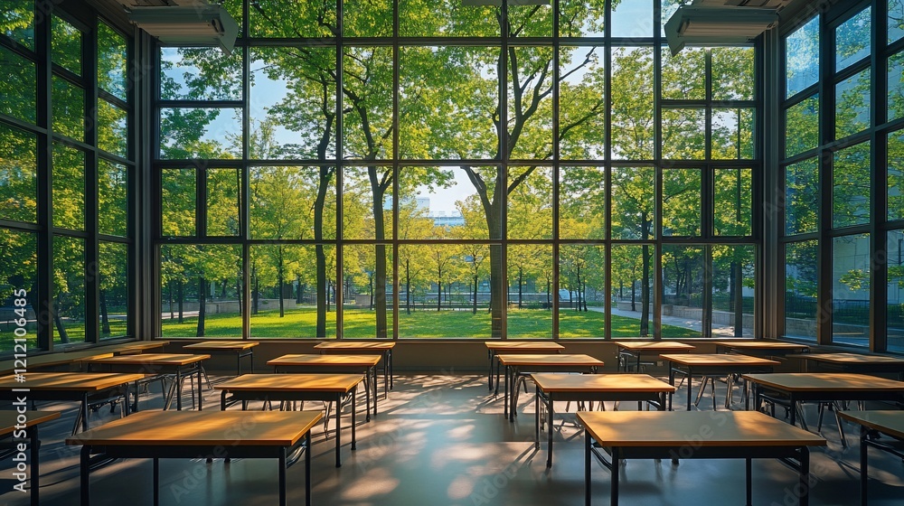 Poster sunlit classroom with large windows overlooking a lush green park.