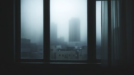 Foggy city view from window, blurry cityscape in mist.