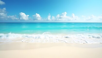 Obraz premium Stunning turquoise ocean meeting white sand beach under a clear blue sky with puffy clouds