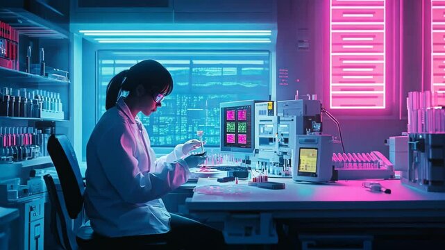 A dedicated scientist conducting experiments in a futuristic, neon-lit laboratory, showcasing advanced technology and innovation in scientific research