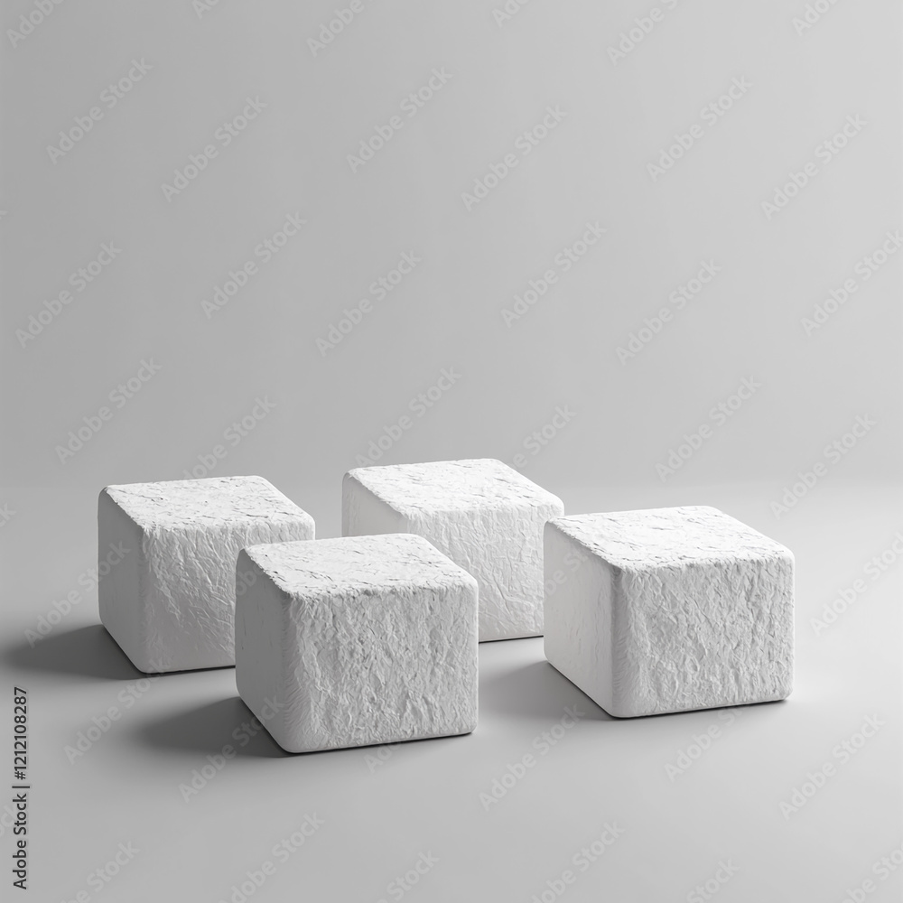 Poster minimal white cubes with textured surface on a neutral background for mockup design