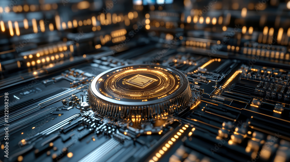 Poster futuristic circuit board with glowing elements and central processor