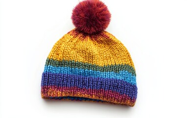 Playful rainbow-striped knit beanie with a fluffy pom-pom, isolated on white