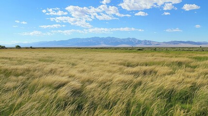 Obraz premium A field of tall grass gently swaying in the breeze with mountains in the distance.
