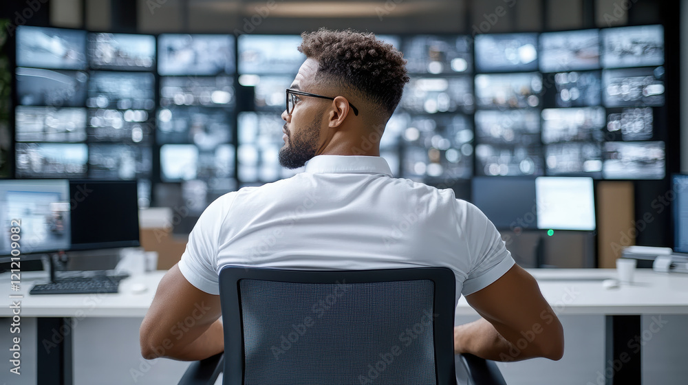 Poster security guard monitoring multiple screens in control room